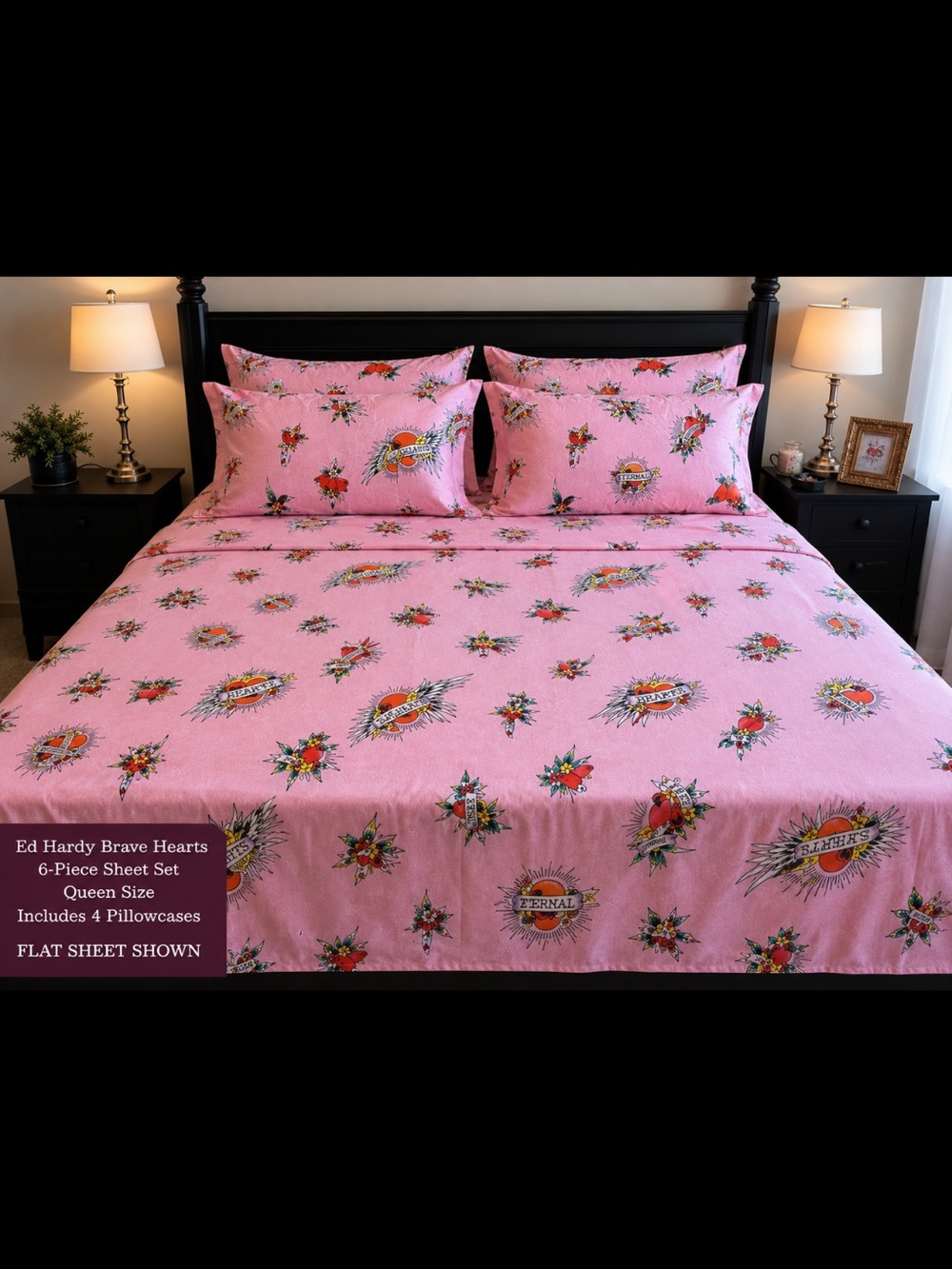 Ed Hardy Pink Tattoo-Print Brave Hearts 6pc Queen Sheet Set NWT - Picture 2 of 4